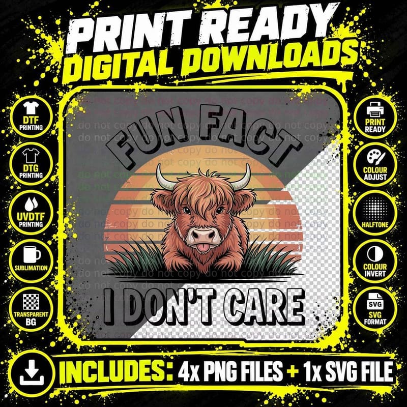 Fun Fact I Don't Care Highland Cow T-Shirt Png SVG Digital Bundle