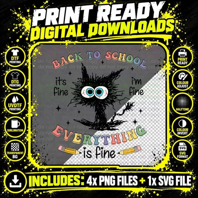 Funny Black Cat Back to School for Teachers Boys Girls Png SVG Digital Bundle