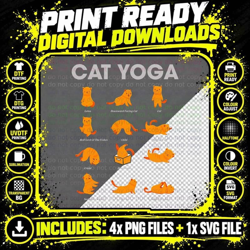 Funny Cat Yoga Cats Asana Poses Meditation Lovers Png SVG Digital Bundle