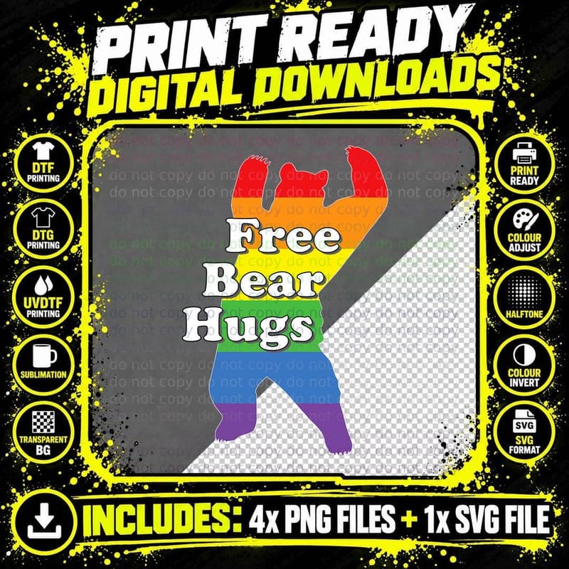 Funny Gay Pride Rainbow Flag Free Bear Hugs LGBTQ Png SVG Digital Bundle