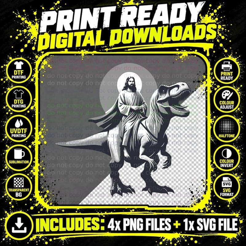 Funny Jesus Riding T-Rex Dinosaur Meme Parody for Png SVG Digital Bundle