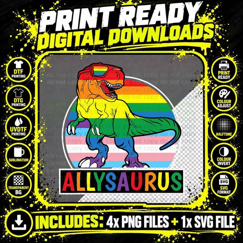 Funny LGBT Dinosaur T Rex Gay Pride Dino Allysaurus Png SVG Digital Bundle