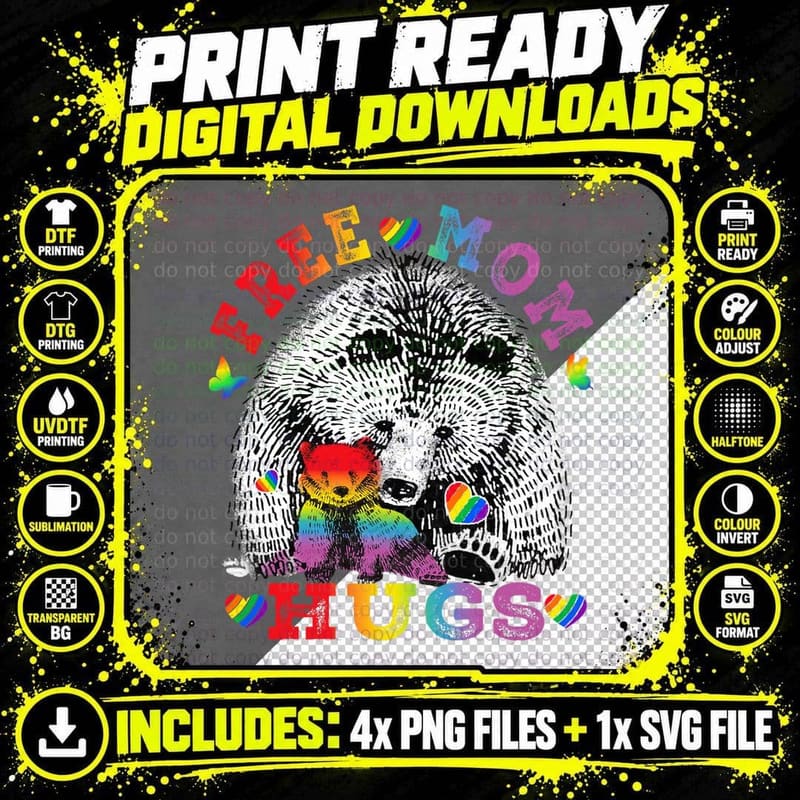 Gay LGBT Pride Mama Bear for Women Free Mom Hugs Png SVG Digital Bundle