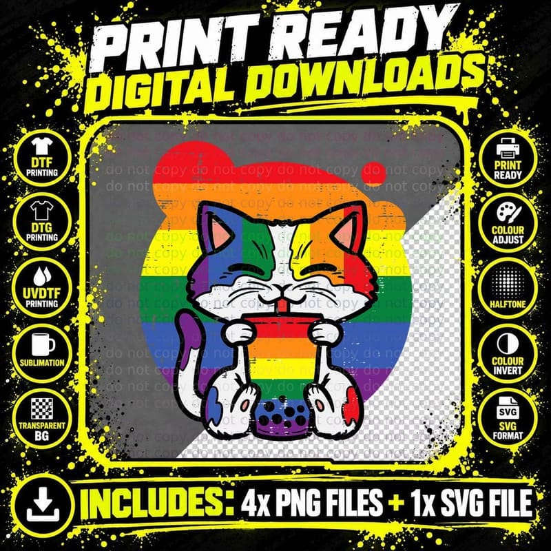Gay Pride Cat Boba Bubble Tea Rainbow Flag LGBTQ Girls Png SVG Digital Bundle