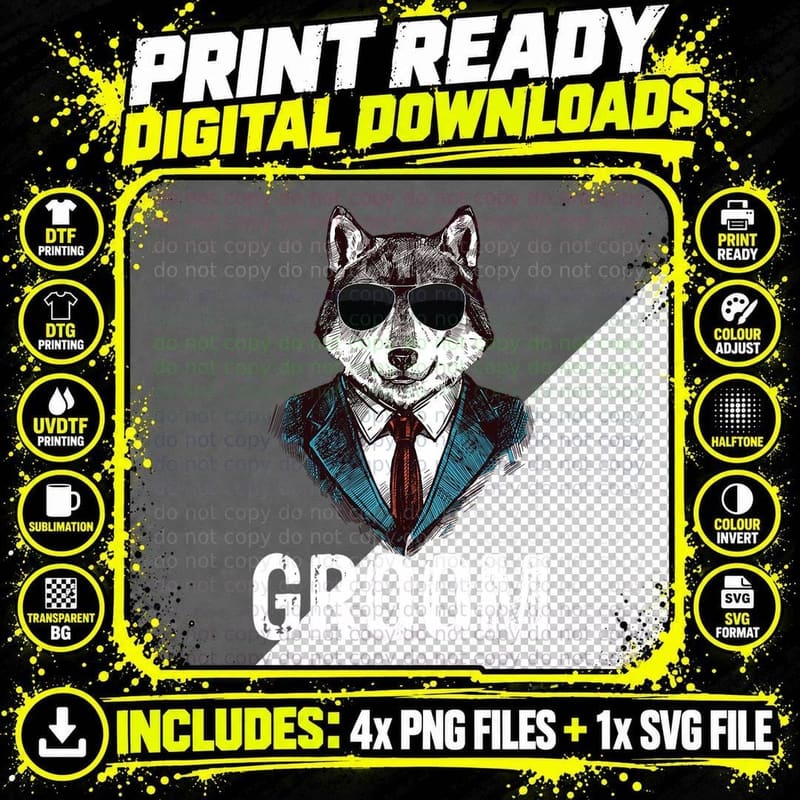 Grooms Wolf Bachelor Wedding Groomsmen Team Party, Men's Png SVG Digital Bundle