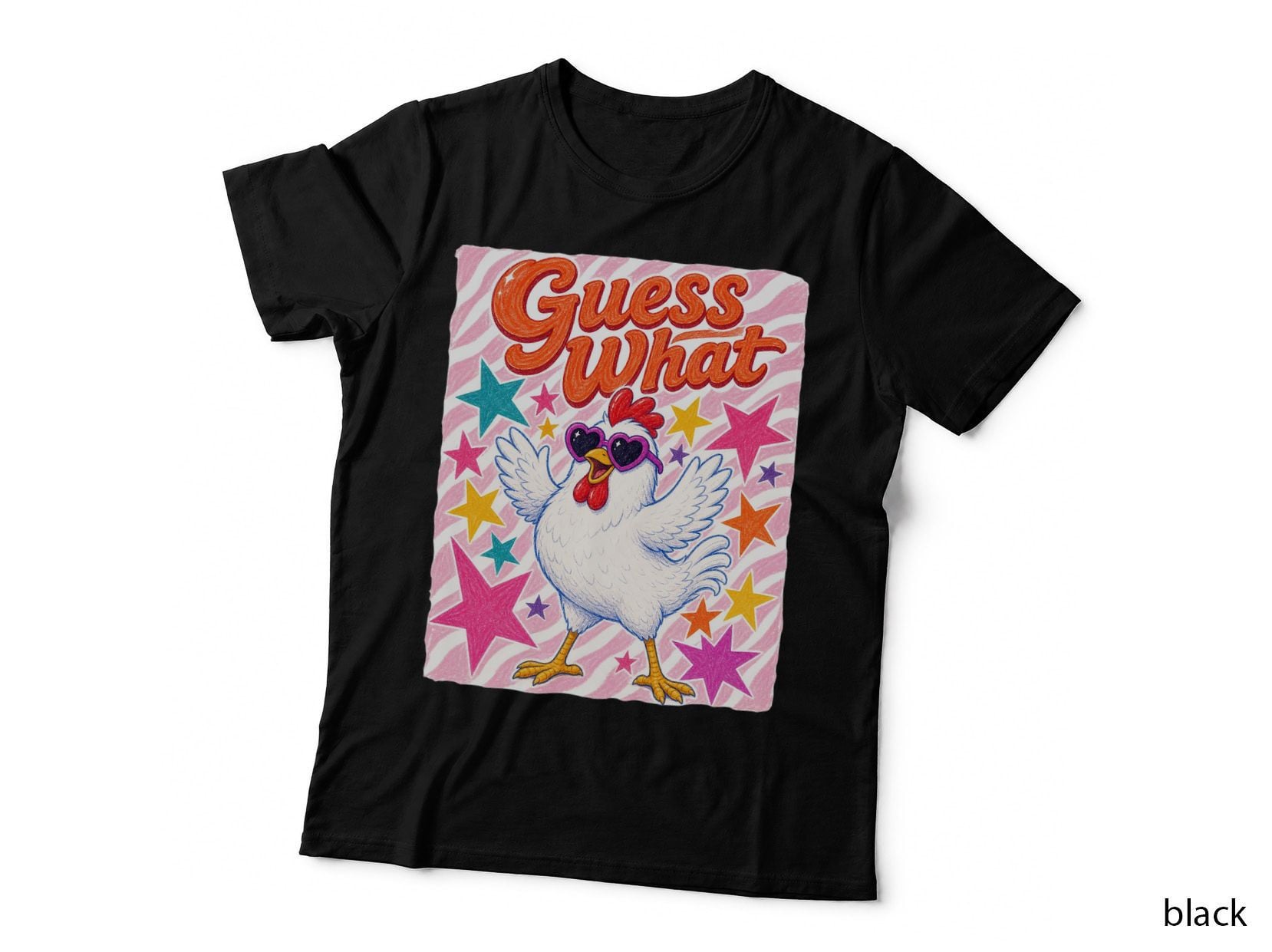 Guess What Summer T-Shirt, Chicken Heart Sunglasses Colorful Stars Sunny Tee