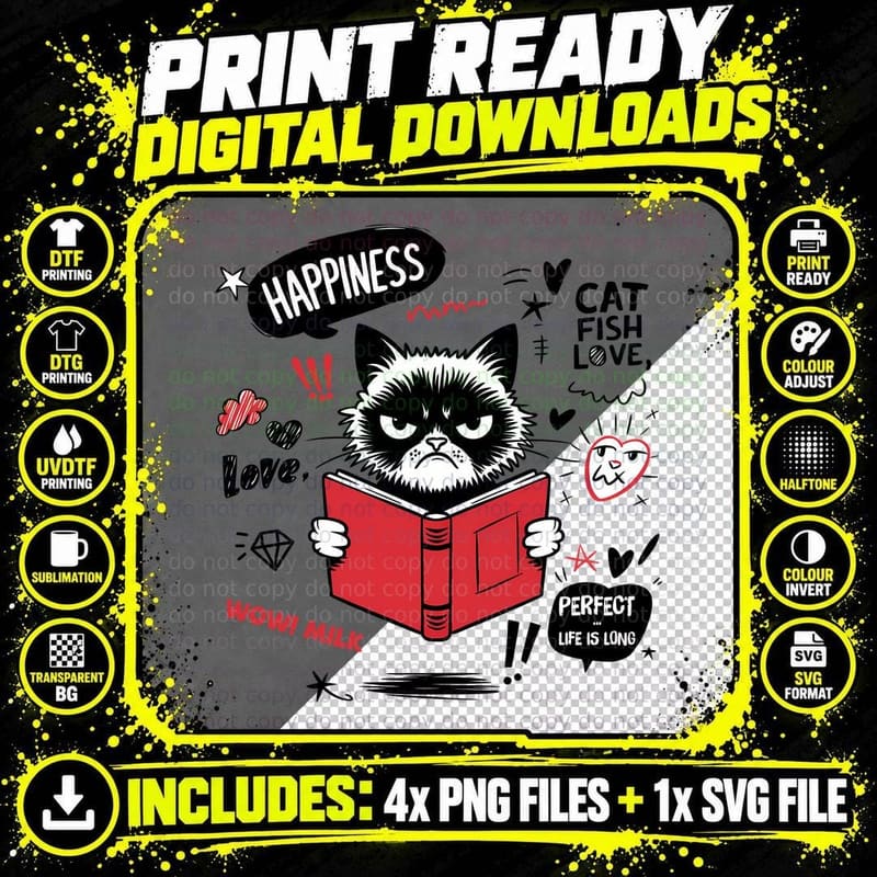 Happiness Cat Fish Love Wow! Milk Perfect Life Is Long Png SVG Digital Bundle