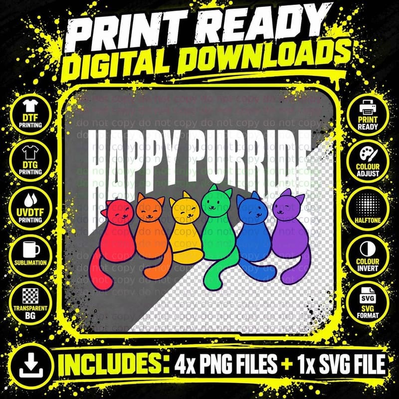 Happy Pride Cat Lover Cute Kitten Rainbow LGBT-Q Pet Png SVG Digital Bundle