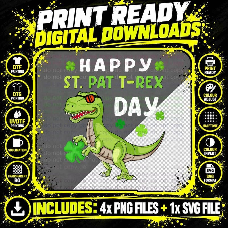 Happy St Patricks Day Boys Kids Toddler Dinosaur Trex Png SVG Digital Bundle