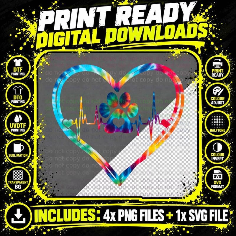 Heart Paw Print Dog Mom Dad Tie Dye Puppy Mother's Day Png SVG Digital Bundle