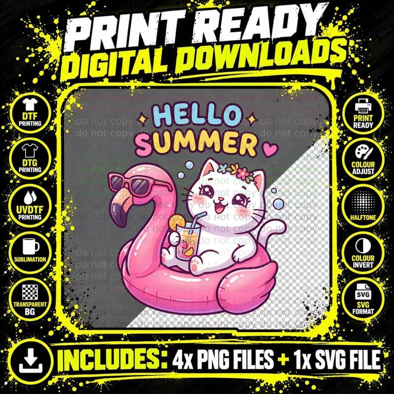 Hello Summer T-Shirt, Cute Cat on Pool Float with Png SVG Digital Bundle