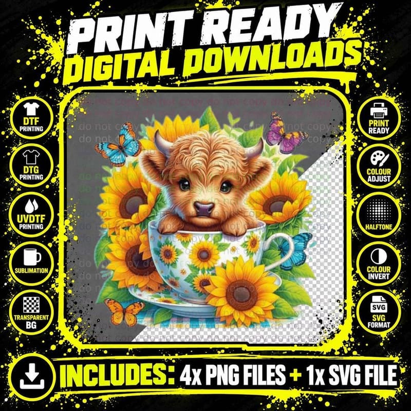 Highland Calf in Sunflower Teacup Highland Cow T-Shirt Png SVG Digital Bundle