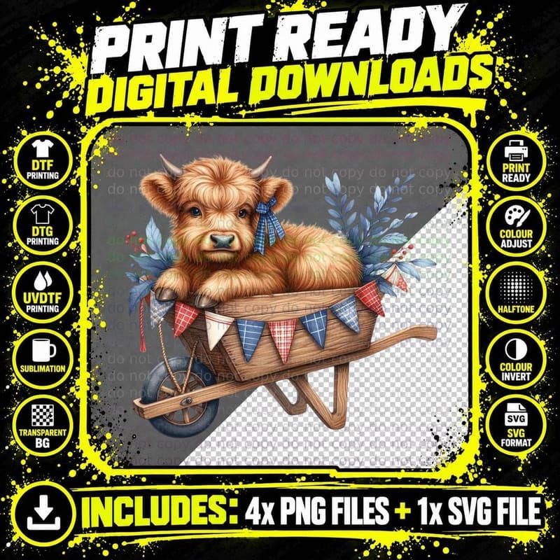 Highland Calf in Wheelbarrow with Bunting Highland Cow Png SVG Digital Bundle