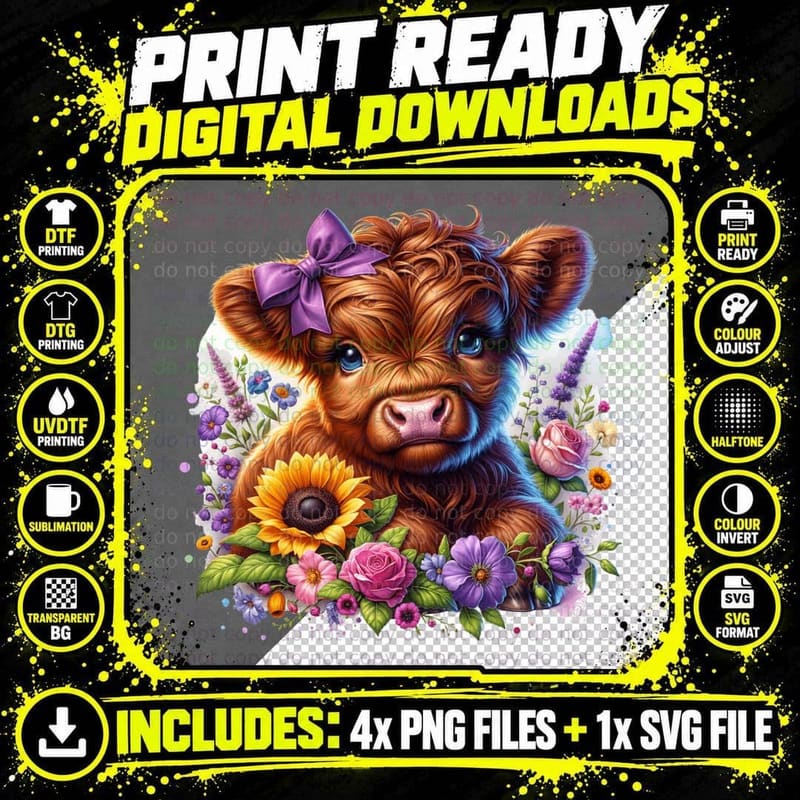 Highland Calf with Purple Bow and Flowers Highland Cow Png SVG Digital Bundle