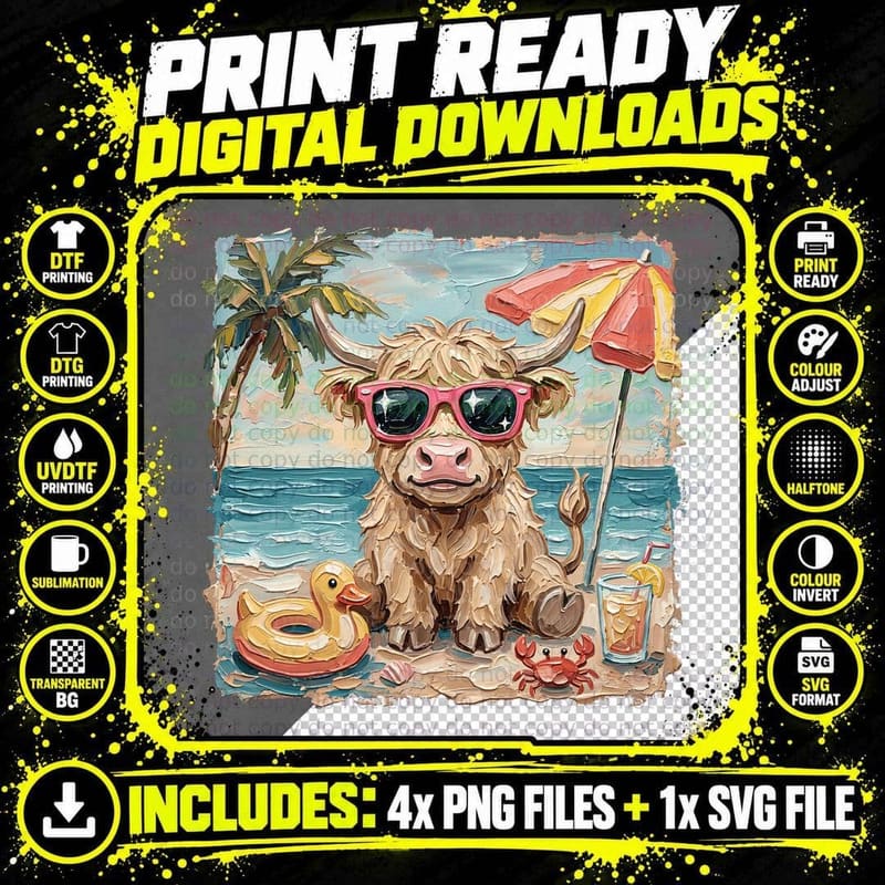 Highland Cattle Beach Setting Summer T-Shirt Png SVG Digital Bundle