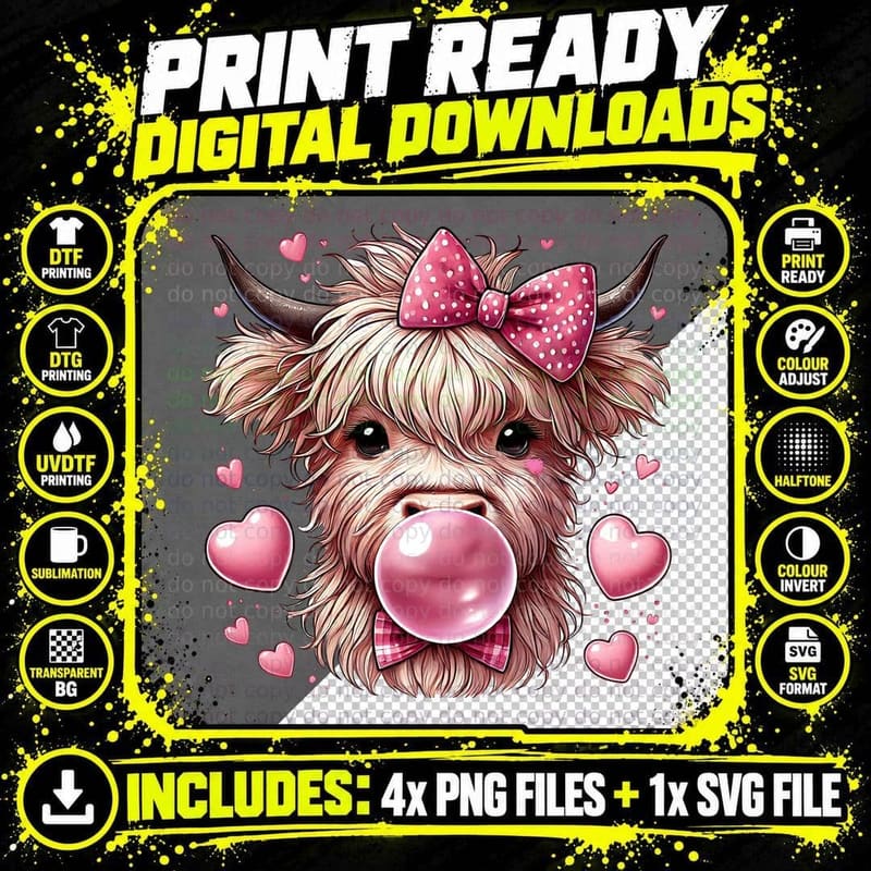Highland Cow Blowing Bubblegum Hearts Highland Cow Png SVG Digital Bundle