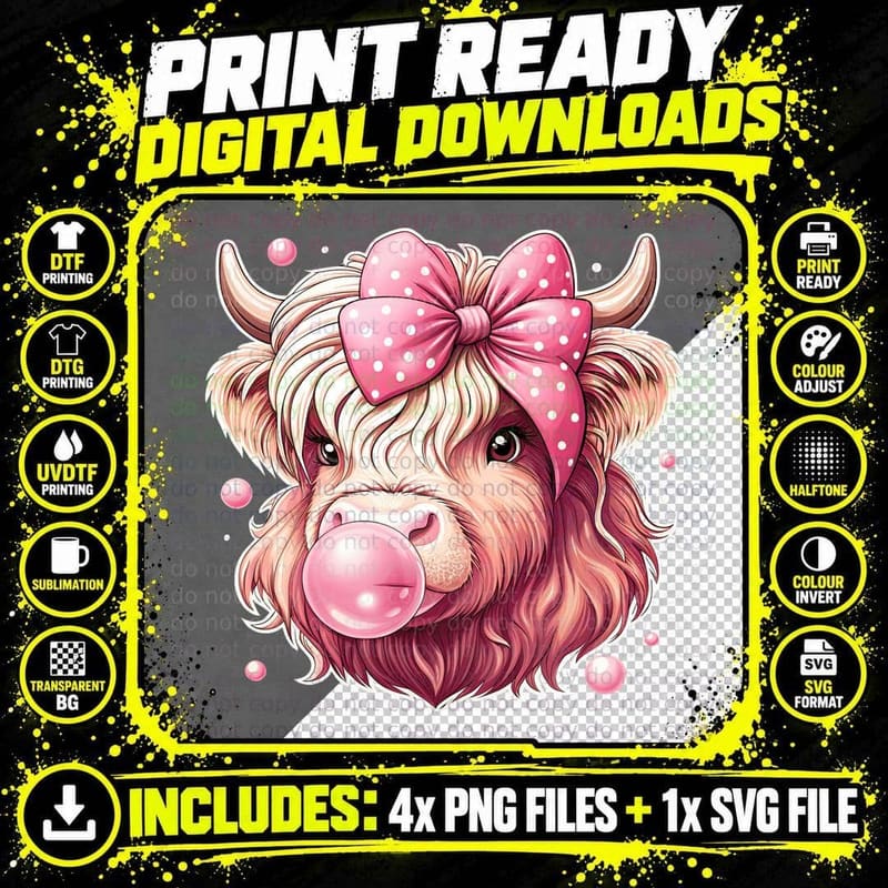 Highland Cow Blowing Bubblegum Highland Cow Design Png SVG Digital Bundle