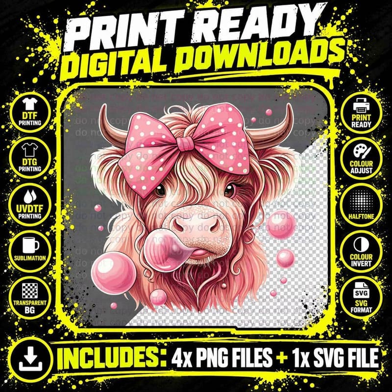 Highland Cow Blowing Bubbles Highland Cow T-Shirt Png SVG Digital Bundle
