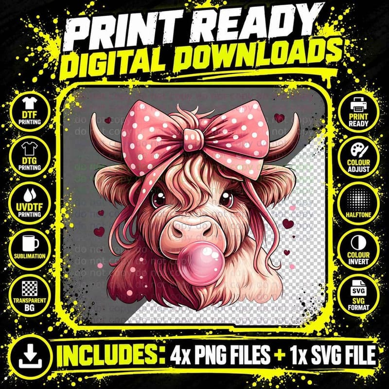 Highland Cow Bubblegum Bow Highland Cow T-Shirt Png SVG Digital Bundle