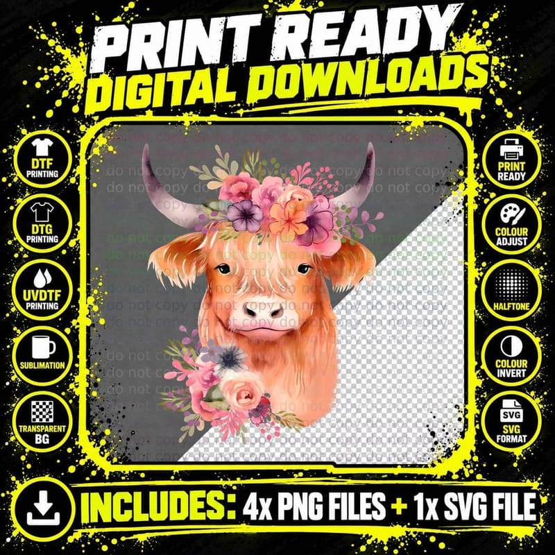 Highland Cow Floral Crown Highland Cow T-Shirt Png SVG Digital Bundle