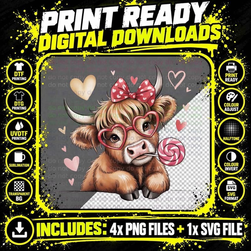 Highland Cow Heart Glasses Lollipop Love Highland Cow Png SVG Digital Bundle