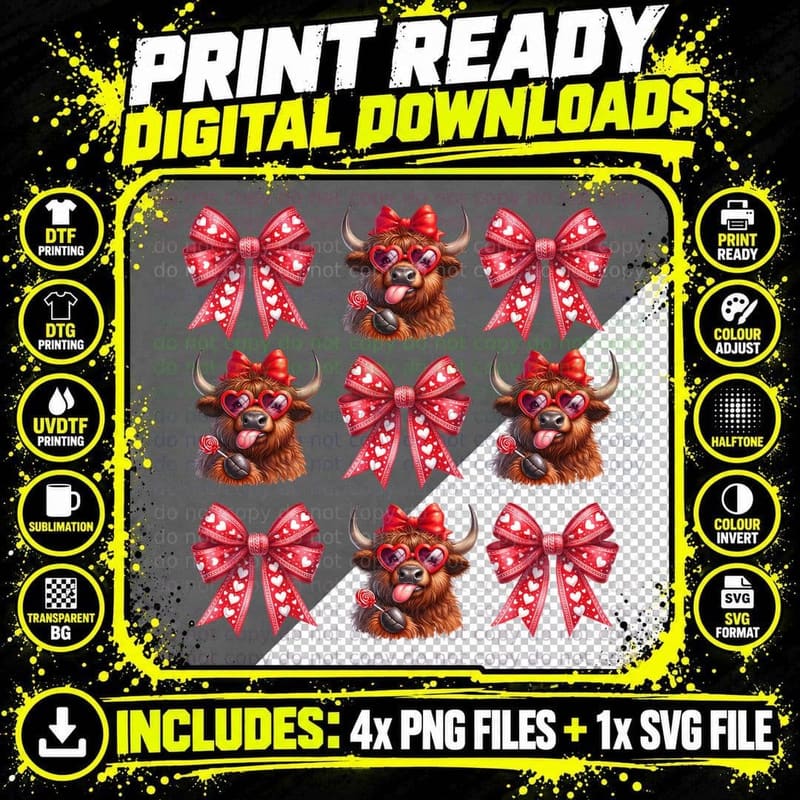 Highland Cow Hearts & Bows Highland Cow T-Shirt Png SVG Digital Bundle