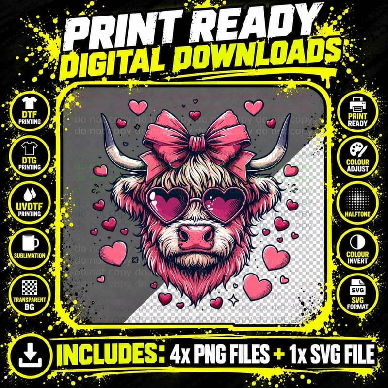 Highland Cow Hearts Bow Highland Cow T-Shirt Png SVG Digital Bundle