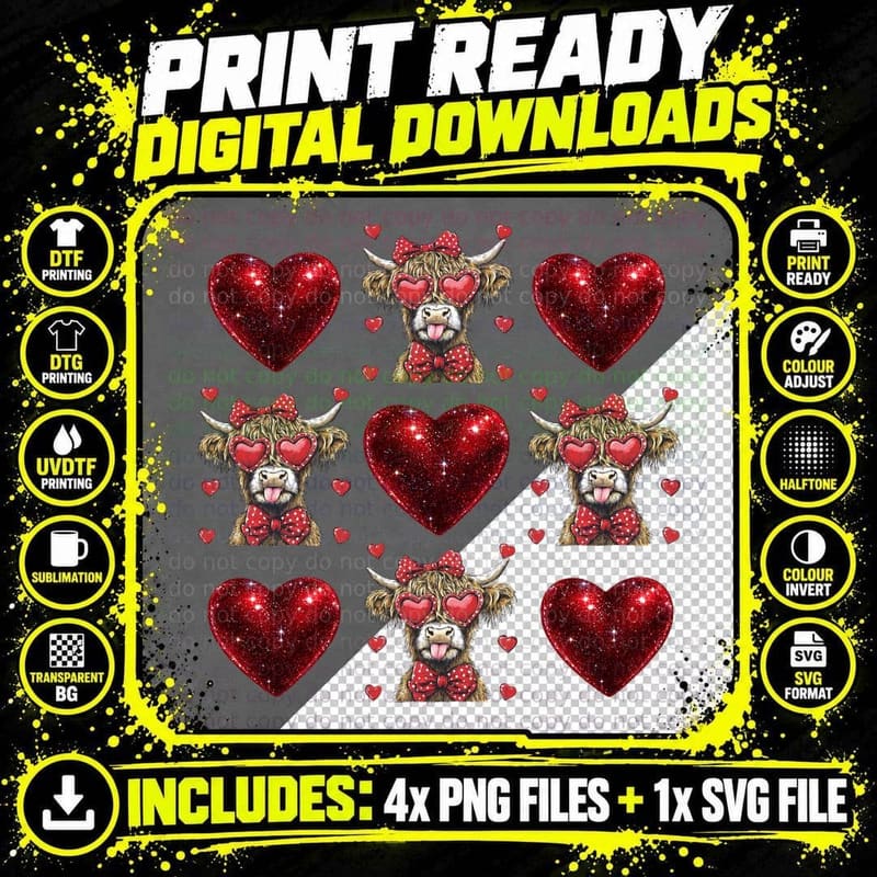Highland Cow Hearts Glitter Love Highland Cow T-Shirt Png SVG Digital Bundle