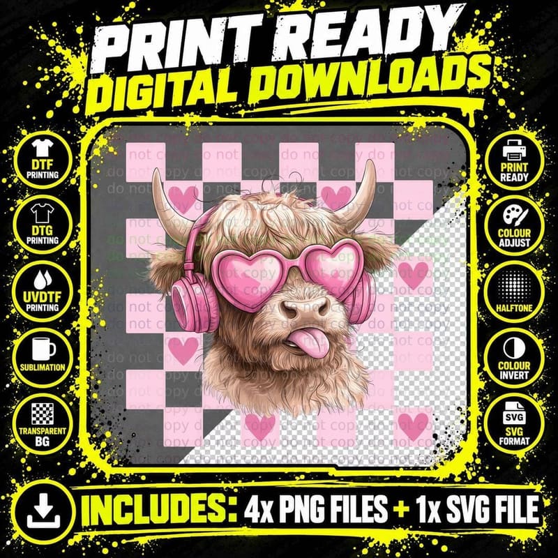 Highland Cow Hearts Headphones Highland Cow T-Shirt Png SVG Digital Bundle
