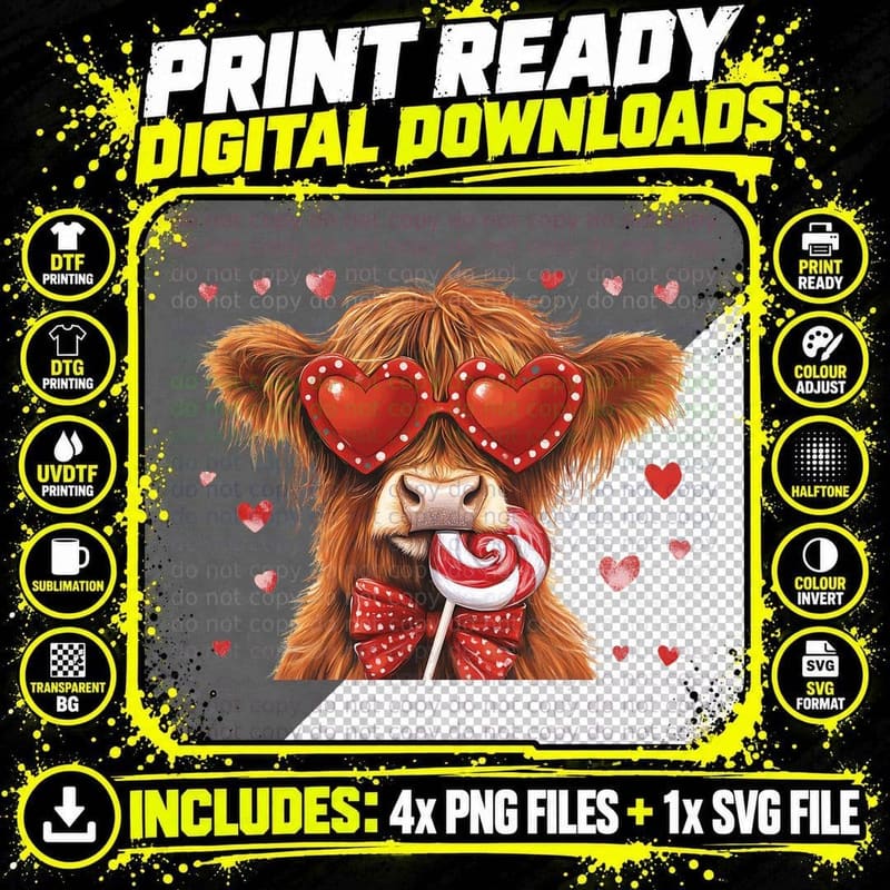 Highland Cow Hearts Lollipop Highland Cow T-Shirt Png SVG Digital Bundle