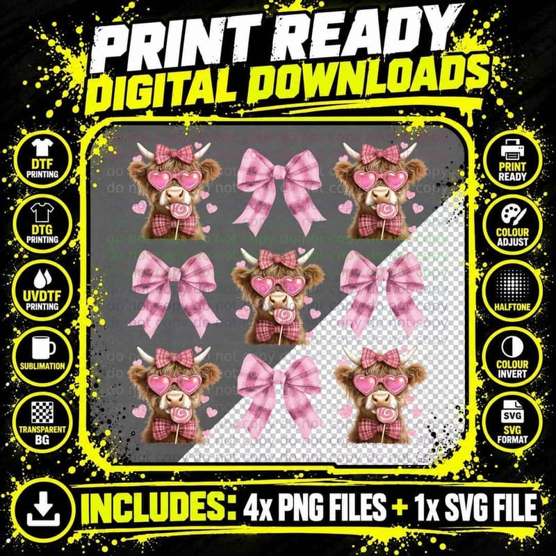 Highland Cow Hearts Lollipops Bows Highland Cow T-Shirt Png SVG Digital Bundle