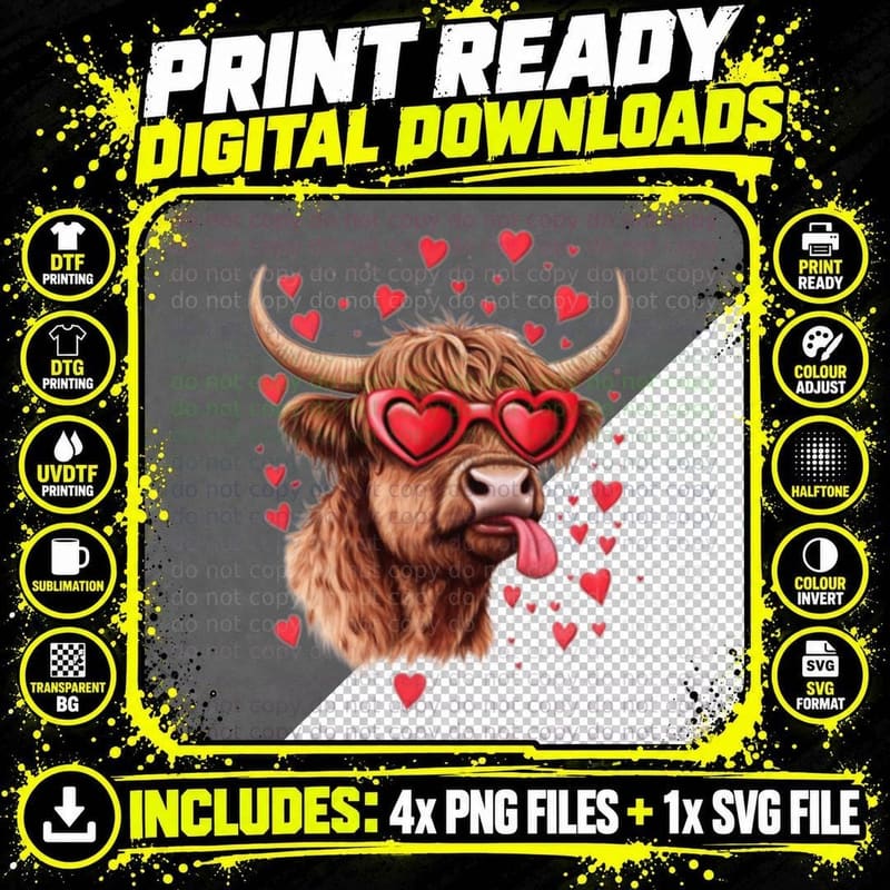 Highland Cow Hearts Tongue Out Highland Cow T-Shirt Png SVG Digital Bundle
