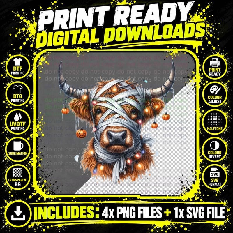 Highland Cow Wrapped in Lights Highland Cow T-Shirt Png SVG Digital Bundle