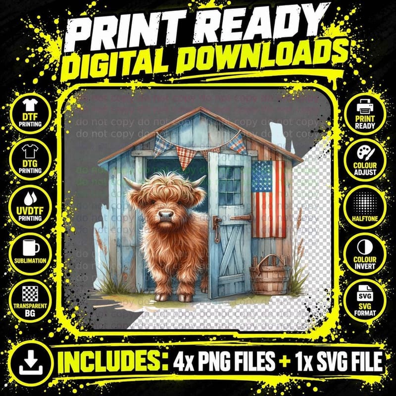 Highland Cow in Blue Barn Highland Cow T-Shirt Png SVG Digital Bundle