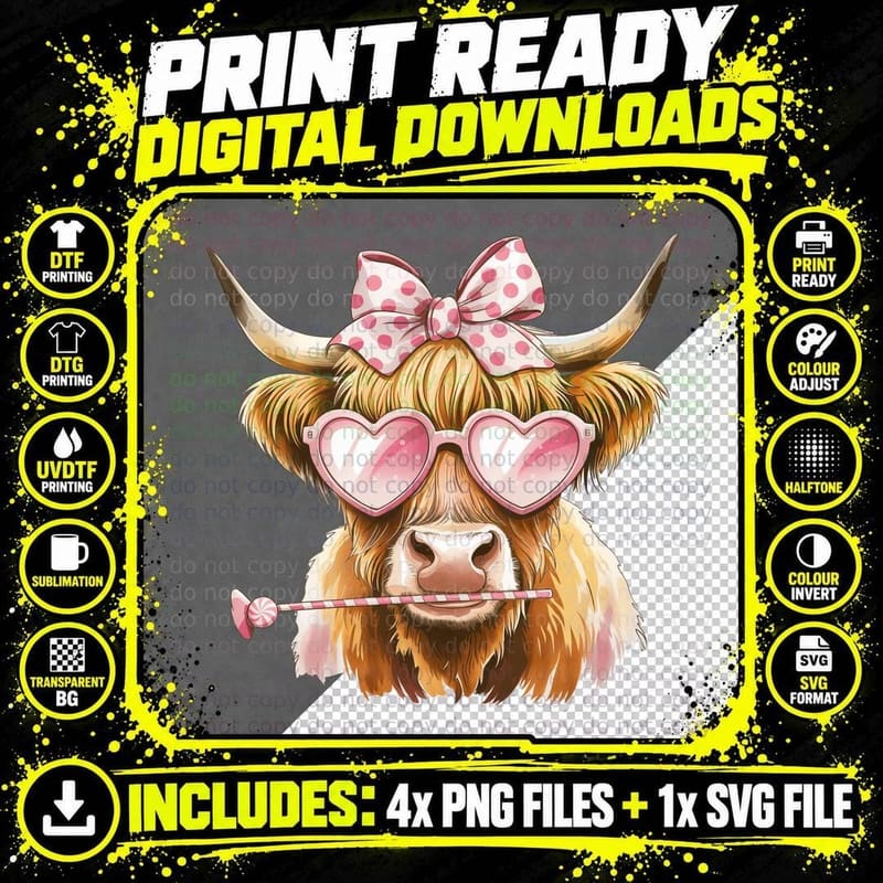 Highland Cow in Heart Glasses Highland Cow T-Shirt Png SVG Digital Bundle