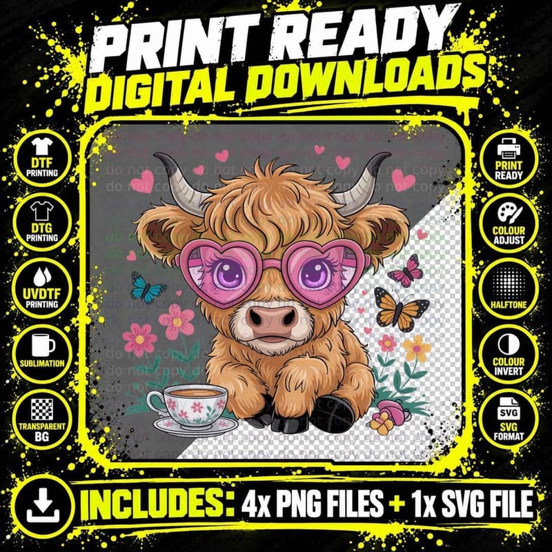 Highland Cow in Heart Glasses with Butterflies Highland Png SVG Digital Bundle