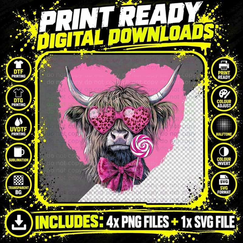 Highland Cow in Heart Glasses with Lollipop Highland Cow Png SVG Digital Bundle