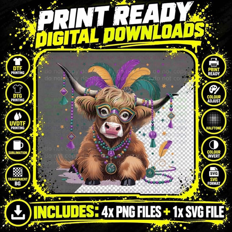 Highland Cow in Mardi Gras Costume Mardi Gras T-Shirt Png SVG Digital Bundle