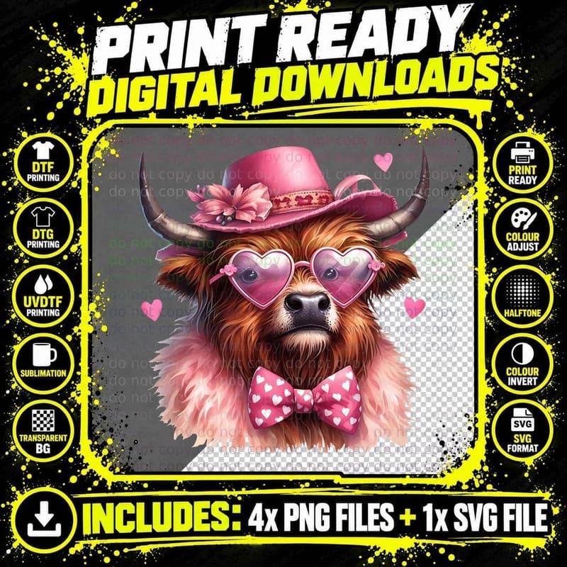 Highland Cow in Pink Accessories Highland Cow Design Png SVG Digital Bundle