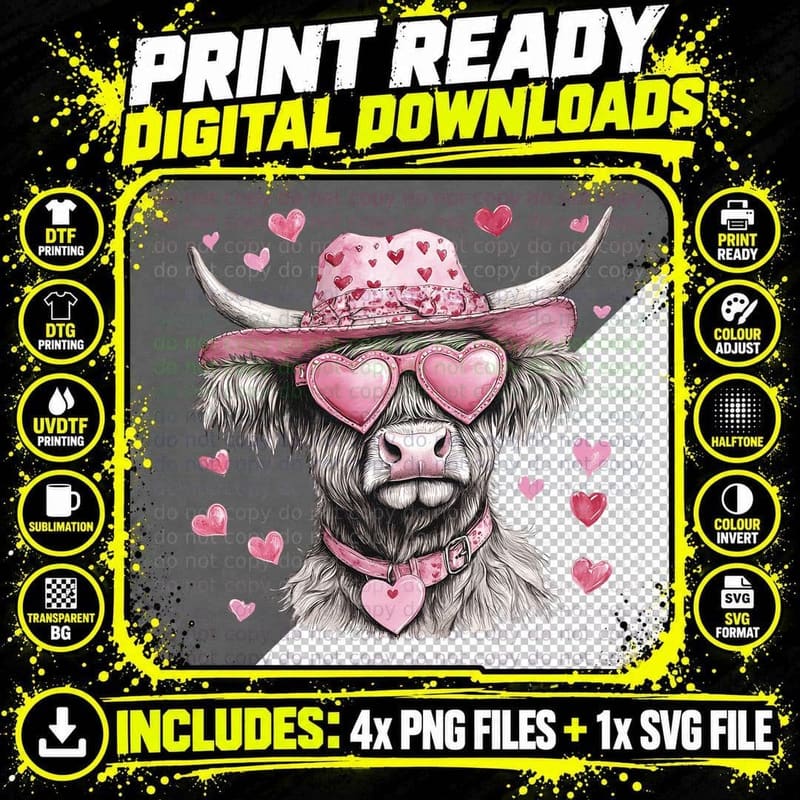 Highland Cow in Pink Heart Accessories Highland Cow Png SVG Digital Bundle