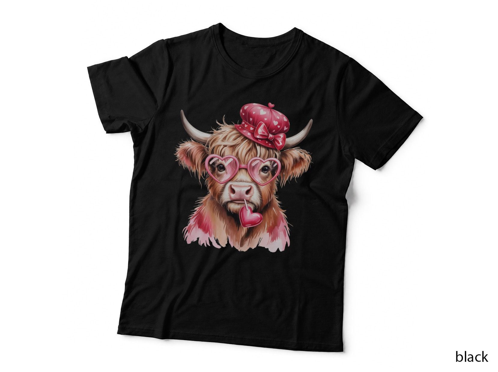 Highland Cow in Pink Heart Glasses Highland Cow T-Shirt