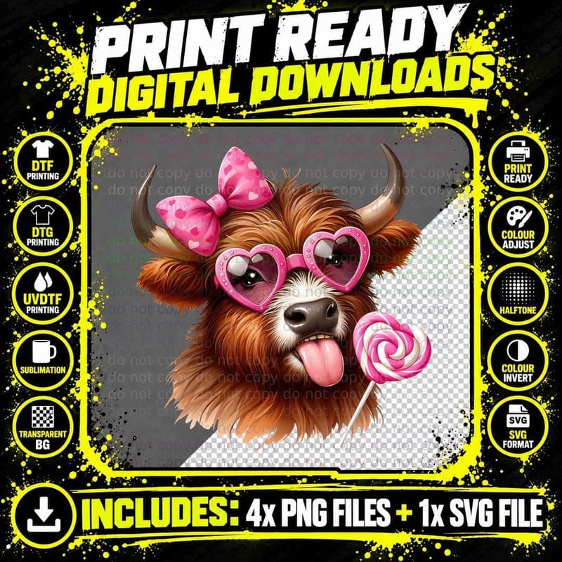 Highland Cow in Sunglasses with Lollipop Highland Cow Png SVG Digital Bundle