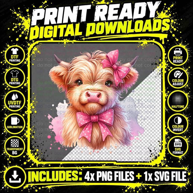 Highland Cow with Pink Bows Highland Cow T-Shirt Png SVG Digital Bundle