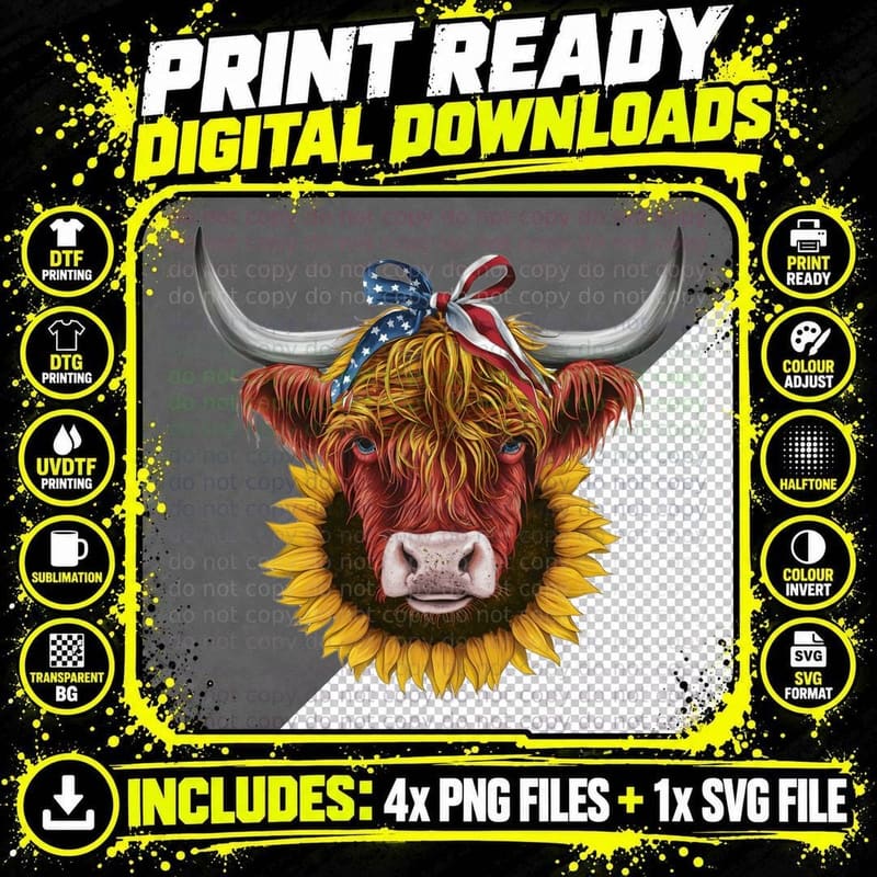 Highland Cow with Sunflower & Patriotic Bow Highland Cow Png SVG Digital Bundle