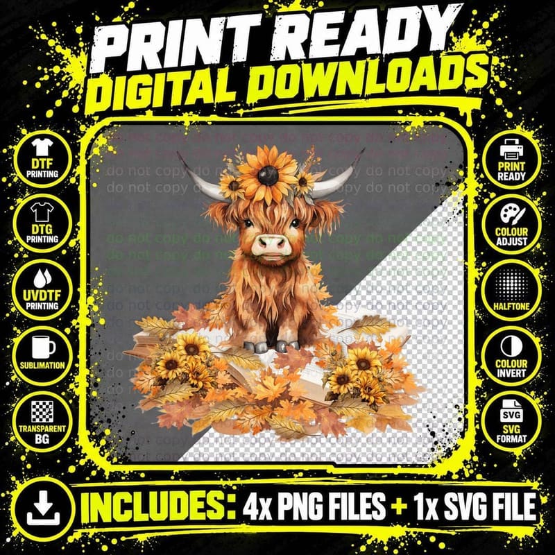 Highland Cow with Sunflowers Highland Cow T-Shirt Png SVG Digital Bundle