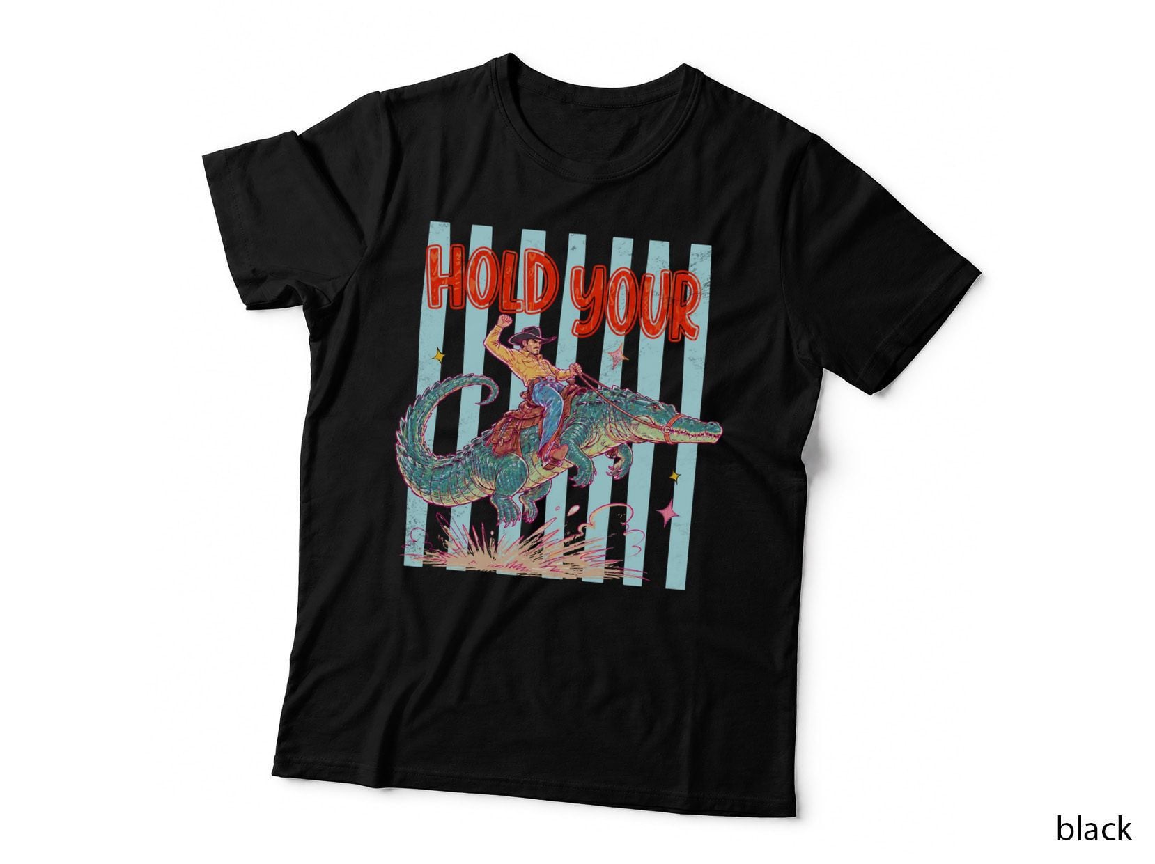 Hold Your Horses Summer T-Shirt, Cowboy Riding Dinosaur Western Sunny Tee