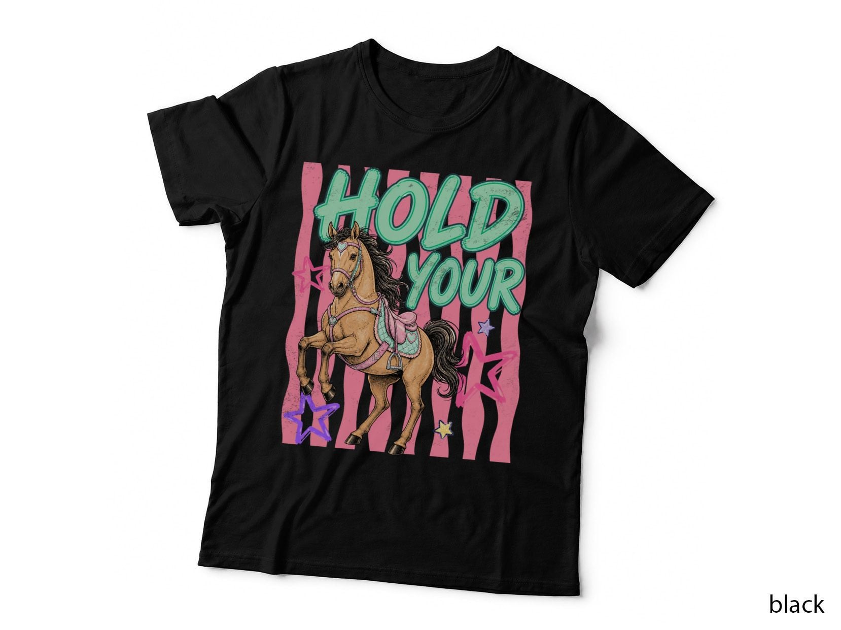 Hold Your Summer T-Shirt, Brown Horse Prancing Striped Sunny Tee
