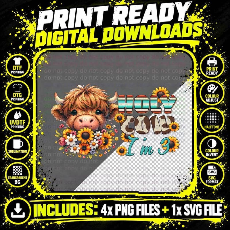 Holy Cow I'm 3 Highland Cow T-Shirt Png SVG Digital Bundle