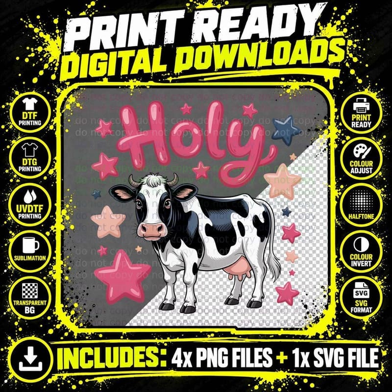 Holy Western T-Shirt, Cow Surrounded by Stars Graphic Png SVG Digital Bundle
