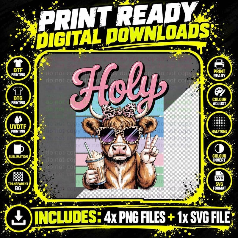 Holy Western T-Shirt, Hipster Cow Drinking Smoothie Png SVG Digital Bundle